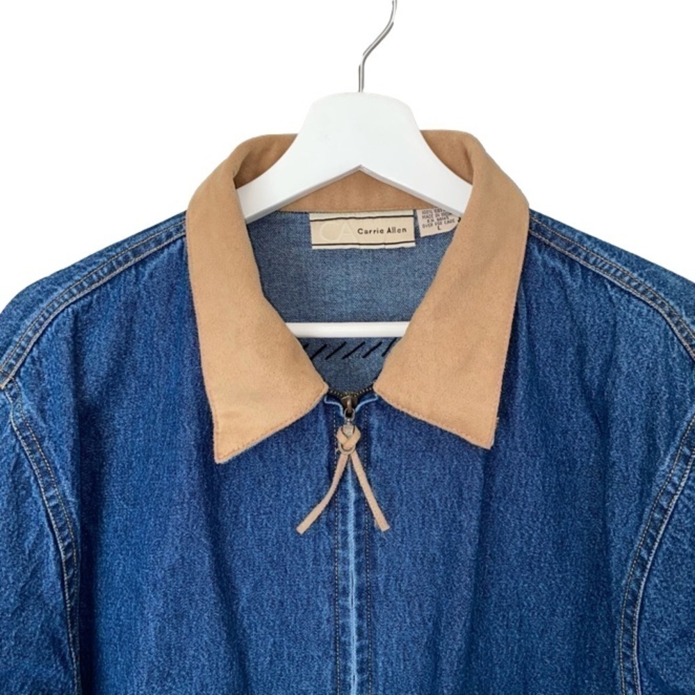 CARRIE ALLEN Denim Jacket Vintage Beaded Suede Long Sleeve Blue/Tan Women Size L - Picture 3 of 14
